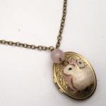 Antiqued Brass Locket Jade Porcelain Owl Pearl..