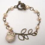 Antiqued Brass Branch Porcelain Owl Pearl Bracelet