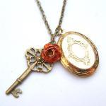 Antiqued Brass Flower Key Locket Necklace