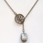 Antiqued Brass Tree Porcelain Owl Lariat Necklace