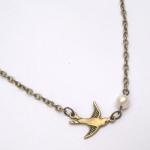 Antiqued Brass Bird Natural Pearl Necklace