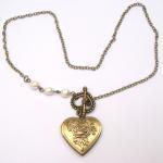 Antiqued Brass Heart Locket Natural Pearl Necklace