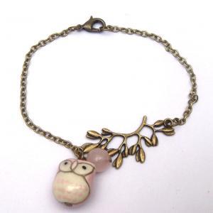 Antiqued Brass Branch Porcelain Owl Jade Bracelet