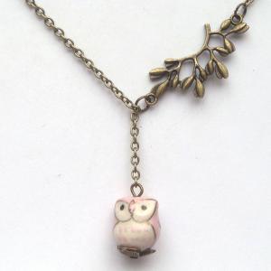 Antiqued Brass Leaf Pink Porcelain Owl Necklace