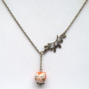 Antiqued Brass Leaf Orange Porcelain Owl Necklace