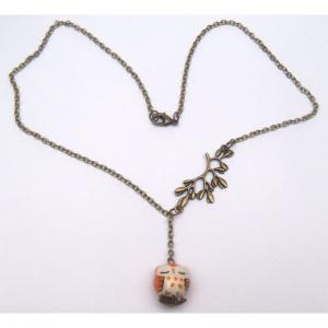 Antiqued Brass Leaf Orange Porcelain Owl Necklace