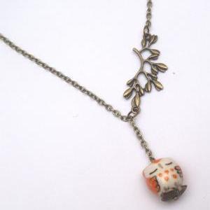 Antiqued Brass Leaf Orange Porcelain Owl Necklace
