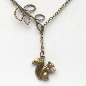 Antiqued Brass Leaf Squirrel Lariat Necklace