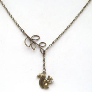 Antiqued Brass Leaf Squirrel Lariat Necklace