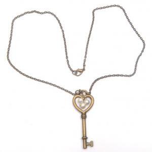 Antiqued Brass Key Pearl Necklace
