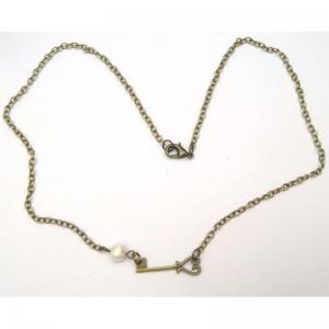 Antiqued Brass Key Natural Pearl Necklace
