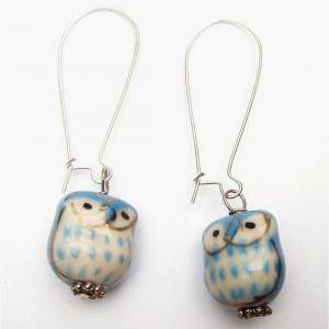 Silver Plated Brass Porcelain Owl Earrings