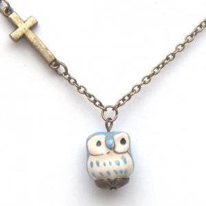 Antiqued Brass Cross Porcelain Owl Necklace