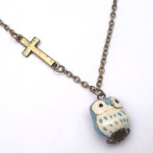 Antiqued Brass Cross Porcelain Owl Necklace