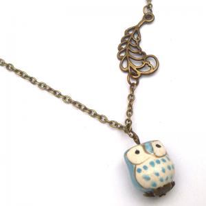 Antiqued Brass Feather Porcelain Owl Necklace