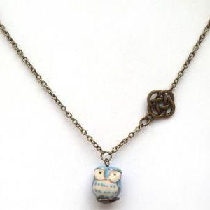 Antiqued Brass Lucky Knot Porcelain Owl Necklace