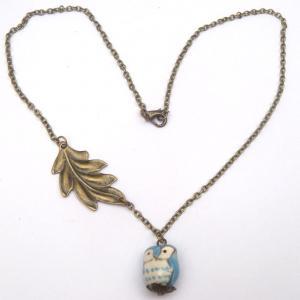 Antiqued Brass Leaf Porcelain Owl Necklace
