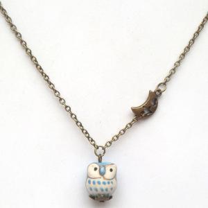 Antiqued Brass Star Moon Porcelain Owl Necklace