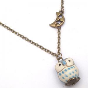 Antiqued Brass Star Moon Porcelain Owl Necklace