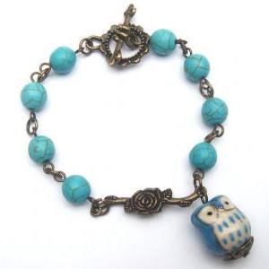 Antiqued Brass Branch Porcelain Owl Turquoise..
