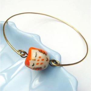 Brass Orange Porcelain Owl Bracelet