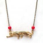 Antiqued Brass Cougar Red Coral Necklace