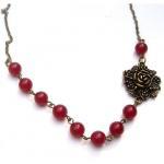 Antiqued Brass Flower Red Jade Necklace