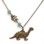 Antiqued Brass Leaf Dinosaur Jade Necklace