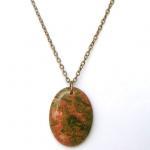 Antiqued Brass Unakite Oval Pendant Necklace