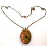 Antiqued Brass Unakite Oval Pendant Necklace
