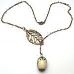 Antiqued Brass Leaf Blue Owl Necklace