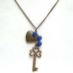 Antiqued Brass Key Heart Blue Jade Necklace