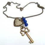 Antiqued Brass Key Heart Blue Jade Necklace