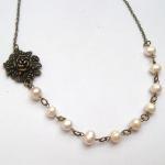 Antiqued Brass Flower White Pearl Necklace