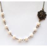 Antiqued Brass Flower White Pearl Necklace