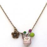 Antiqued Brass Leaf Flower Porcelain Owl Necklace