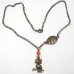 Antiqued Brass Owl Leaf Pink Coral Necklace