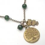 Antiqued Brass Tree Owl Jade Necklace