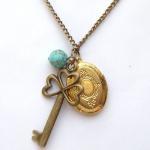 Antiqued Brass Oval Locket Key Green Turquoise..