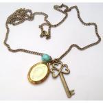 Antiqued Brass Oval Locket Key Green Turquoise..