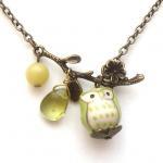Antiqued Brass Leaf Jade Quartz Porcelain Owl..