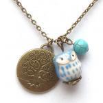 Antiqued Brass Tree Turquoise Porcelain Owl..