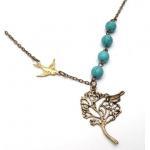 Antiqued Brass Tree Bird Green Turquoise Necklace
