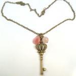 Antiqued Brass Key Rose Quartz Cat Eye Necklace
