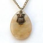 Antiqued Brass Owl Snowfake Quartz Necklace