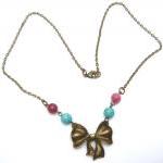 Antiqued Brass Bowtie Jade Turquoise Necklace
