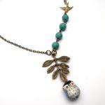 Antiqued Brass Leaf Bird Turquoise Porcelain Owl..