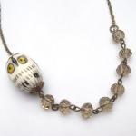Antiqued Brass Smoky Quartz Porcelain Owl Necklace