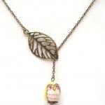 Antiqued Brass Leaf Yellow Owl Necklace