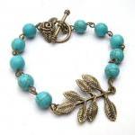 Antiqued Brass Leaf Turquoise Bracelet